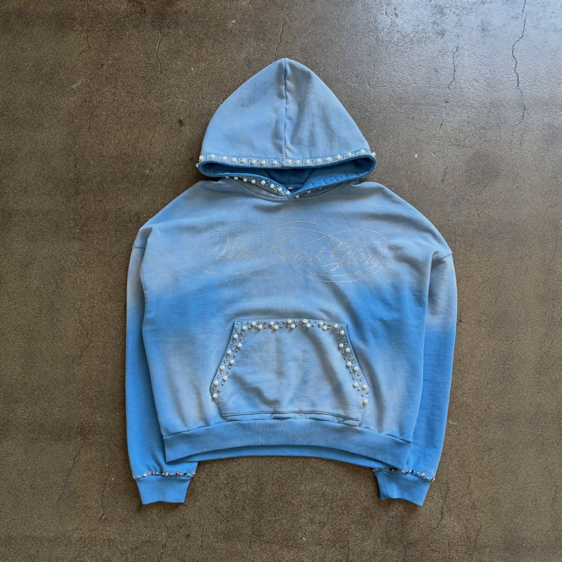 Gradient light blue washed distressed hooded sweatshirt English hot diamond pearl trim loose shoulder heavy pullover hoodie