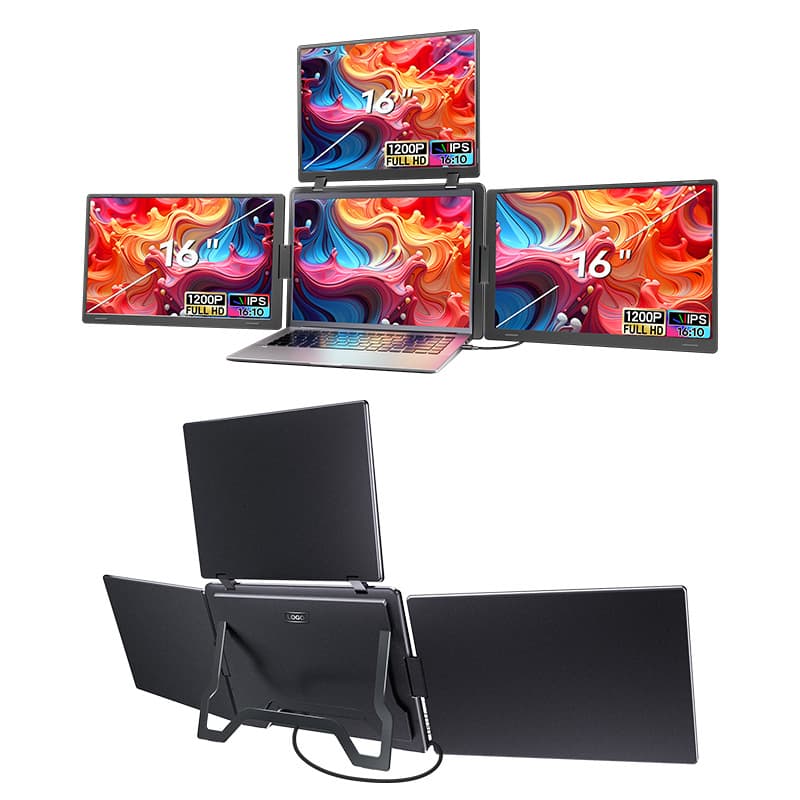 Three-screen portable monitor with one-cable connection and flip cover design