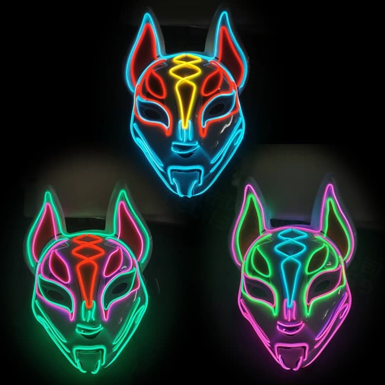 In Stock Amazon Halloween Fox Tri-Color Mask with EL Cold Light for KTV Party, Scary Rainbow Glow