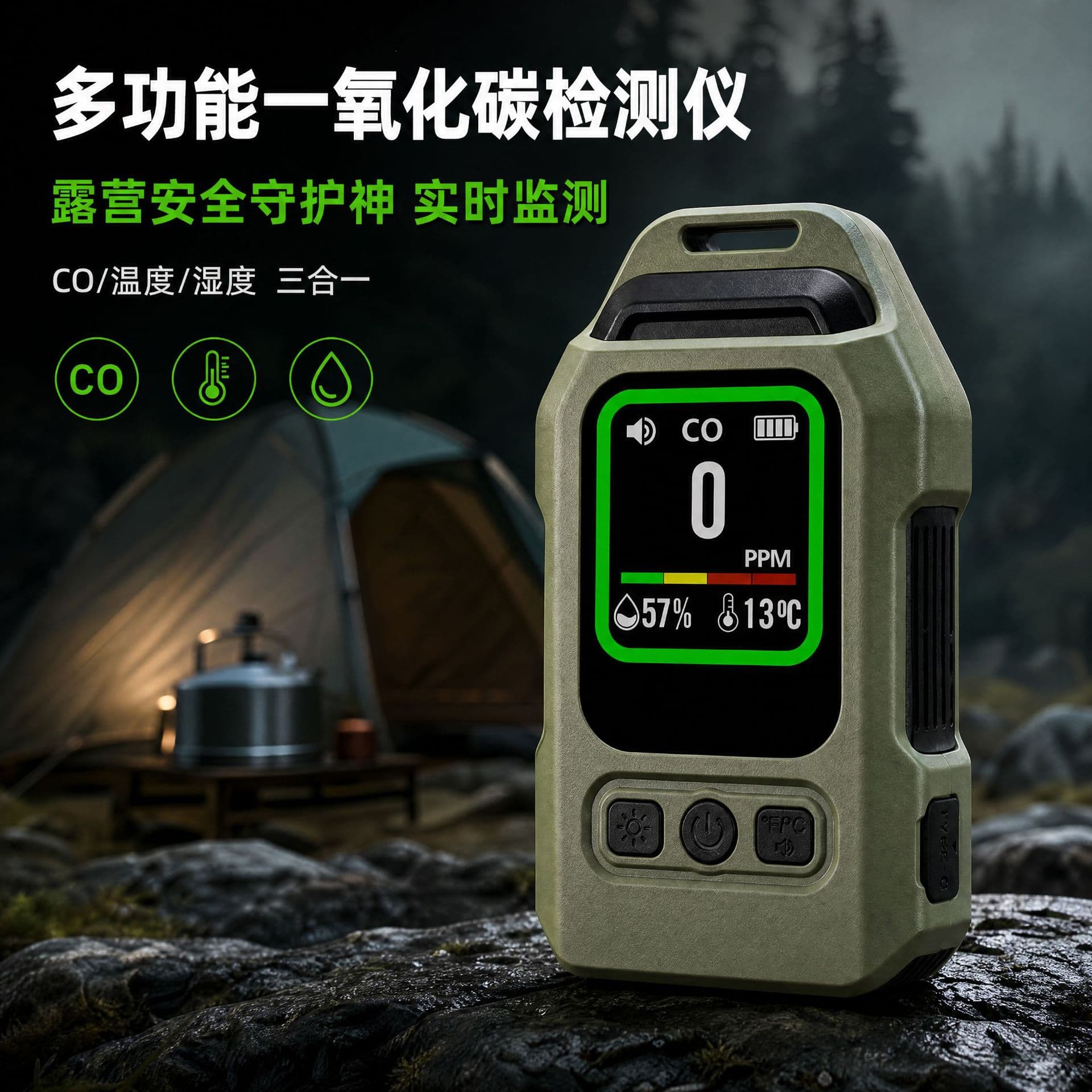 Carbon Monoxide CO Air Detector Portable Camping Gas Alarm Temperature and Humidity Monitor Outdoor Magnetic Cross-border