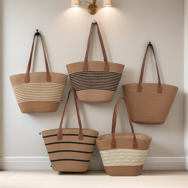 Striped Straw Bag for Women, Large Capacity, New Style, Beach Bag for Seaside Vacation, Woven Bag, Commuting Tote Bag
