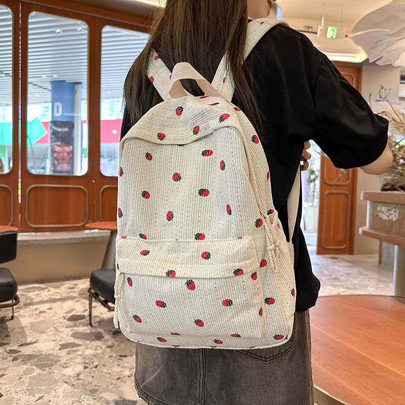 Cross-Border New Product Teenage Girls Schoolbag Student High School Corduroy Strawberry Print Computer Backpack Backpack for Women