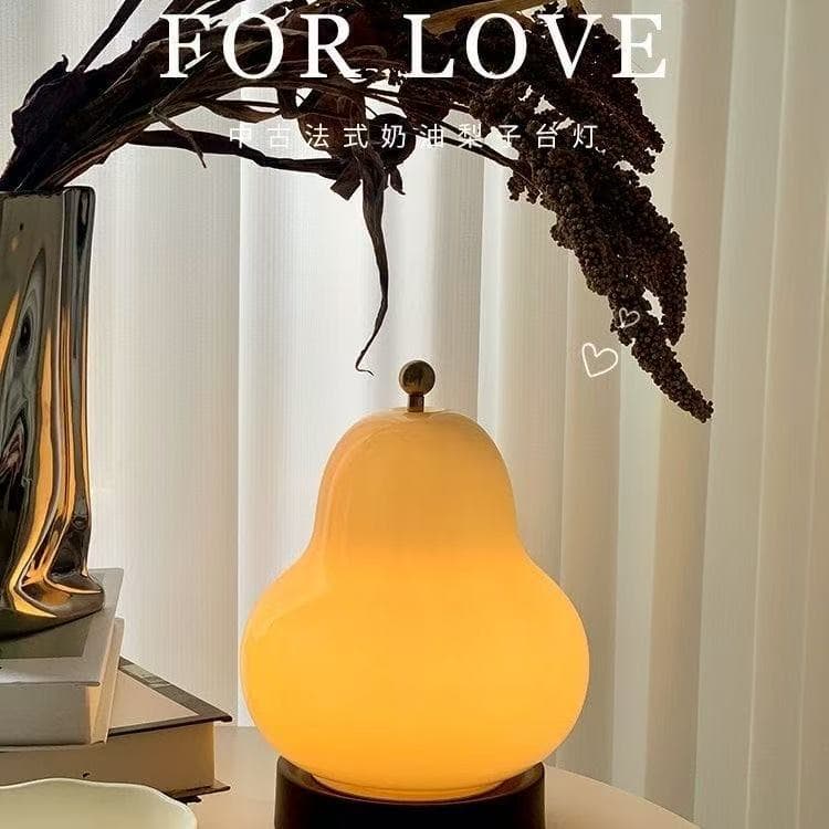 French cream pear-shaped table lamp for bedside, minimalist living room charging, portable ambiance decorative night light.
