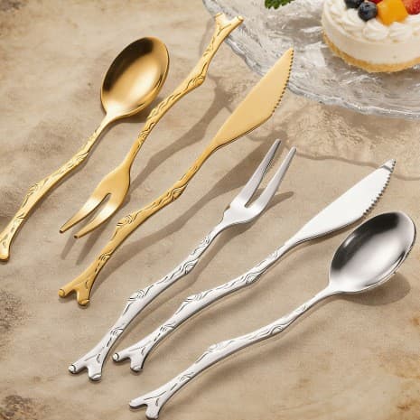 Branch spoon, fruit fork, stainless steel creative wood grain moon cake knife and fork, cross-border coffee stirring spoon, dessert spoon and fork