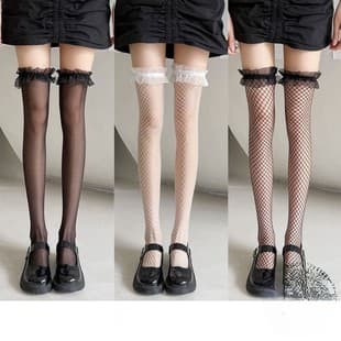 Mesh Over-the-Knee Socks Black Lace Hollow Out Stockings Women's Thin Lolita Mesh Stockings Black and White Lace Over-the-Knee Socks Black