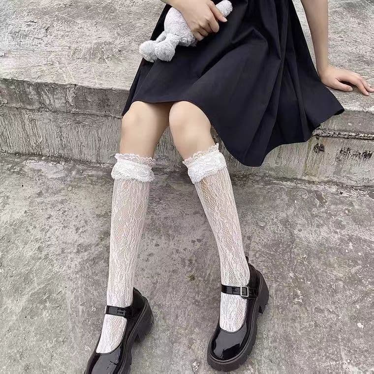 White Lace Lolita Calf Socks, Mid-Calf JK Long Socks Lace Trim Japanese Stockings Half Leg Walolita