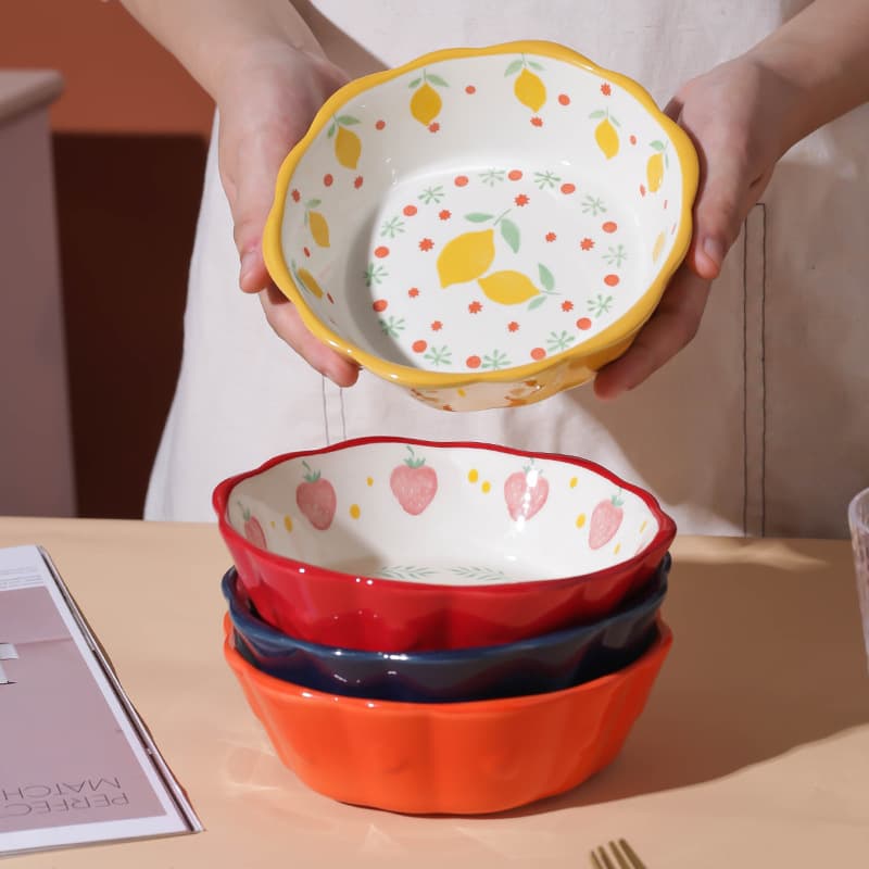Cute Ceramic Bowl with Lace Edge for Home Dining Table, Creative Hand-Painted Rice Bowl, Dessert Bowl, Fruit Salad Bowl, Breakfast Bowl