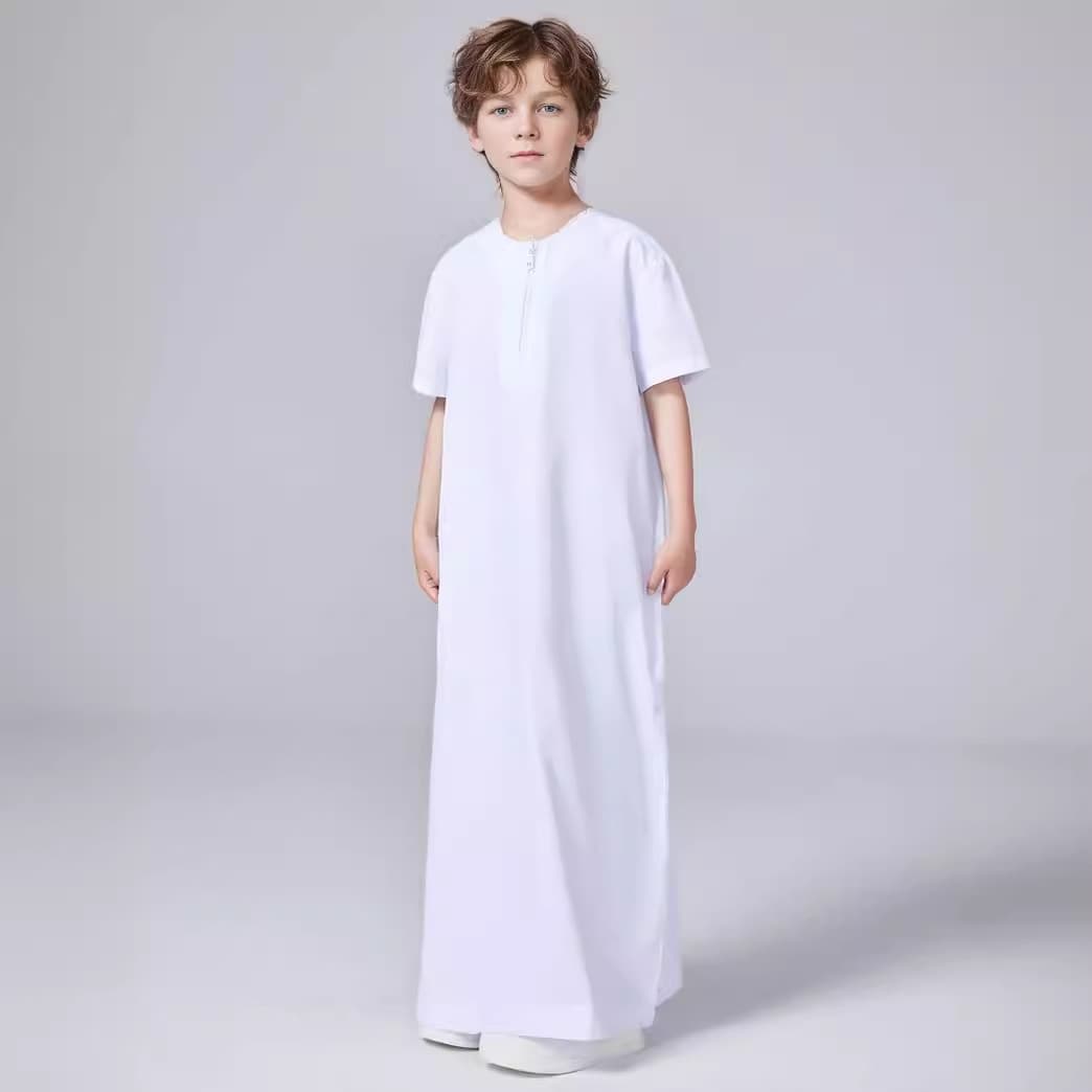 Solid Color Turkish Boys Short Sleeve Zip-Up Shirt Thobe MSL221