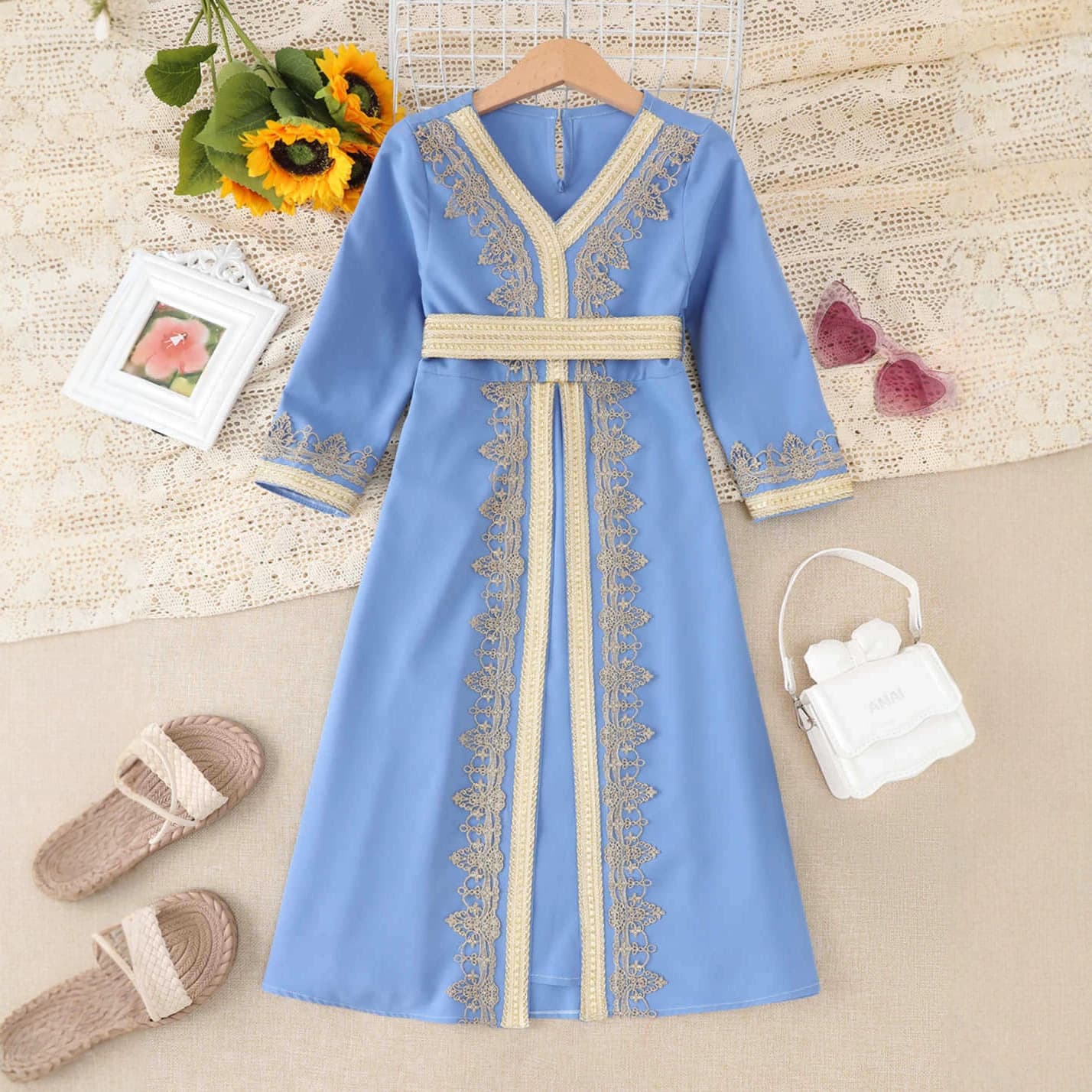 Cross-border Girls Long Dress with Belt Children's Lace V-neck Loose Simple Long Dress for Export
