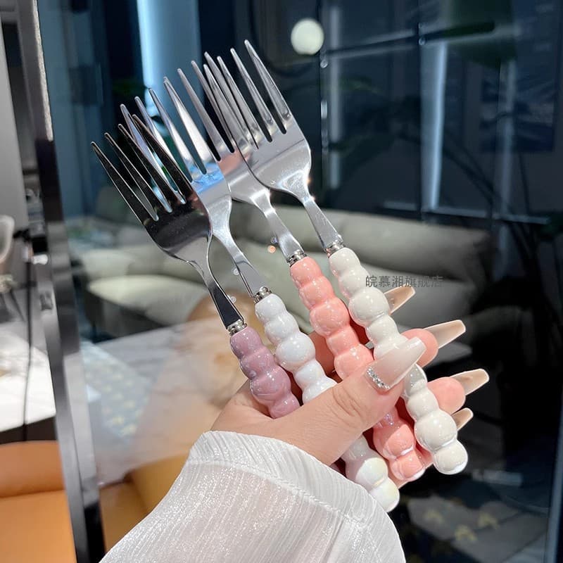 High-looking pearl stainless steel western food fork spoon fruit fork ceramic handle dessert fork main fork steak fork