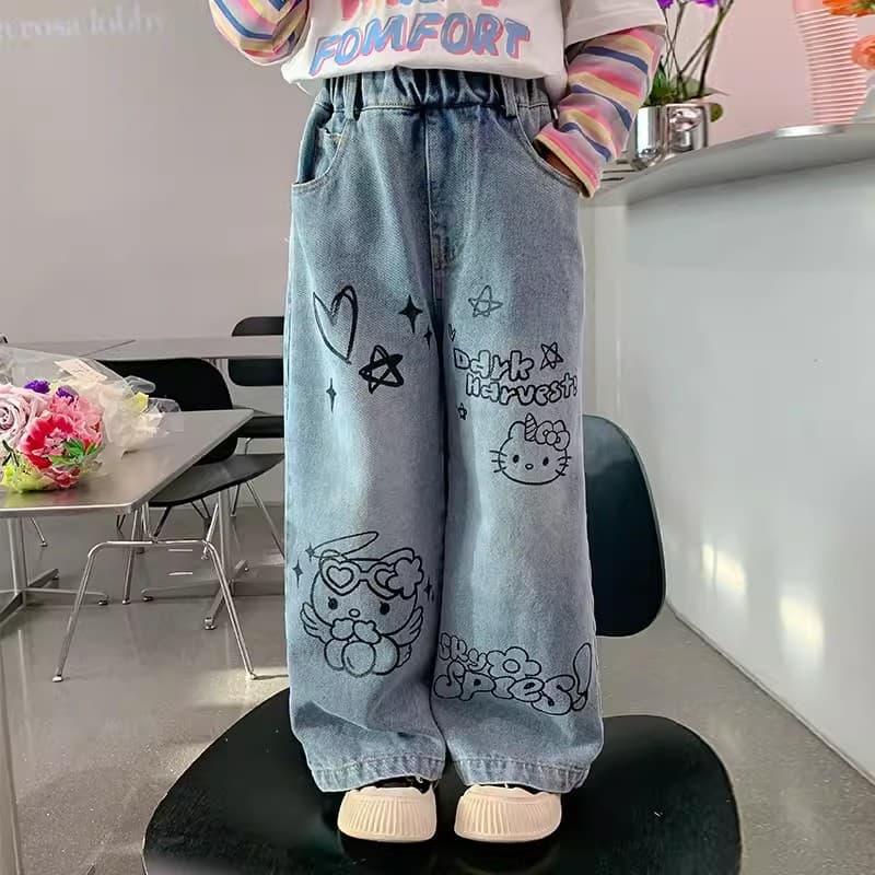 Spring Autumn Wide Leg Denim Jeans for Girls Children's Clothing Straight Cut Kids Spring Fashionable Trousers