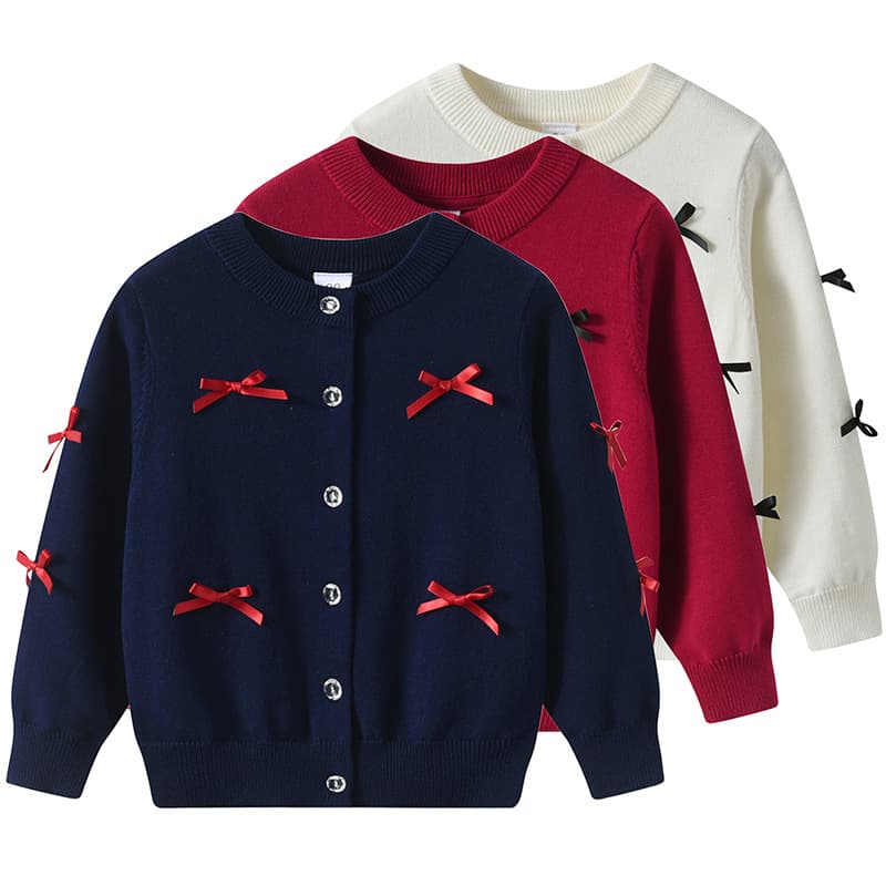 2026 Spring Autumn Bowknot Girls' Sweater Cardigan Children's Jacket Pure Cotton Knitwear Parent-Child Matching Outfit for Older Kids Thin Style