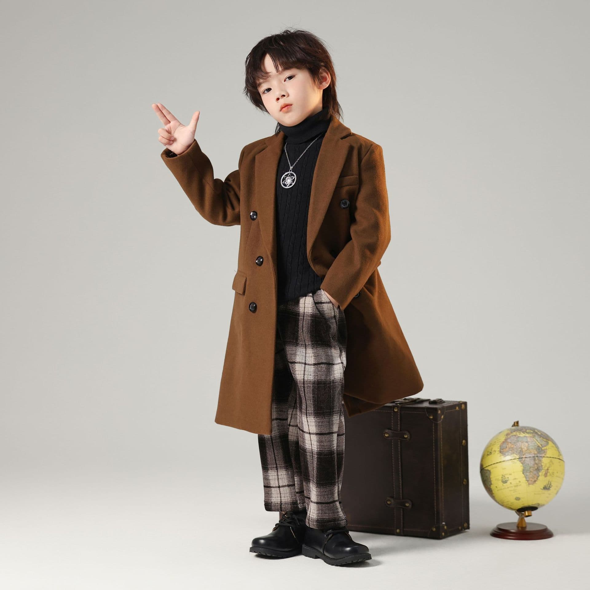 2024 Autumn New Boys' Korean Style Windbreaker Kids' Long Trench Coat Trendy Double-Breasted Wool Overcoat