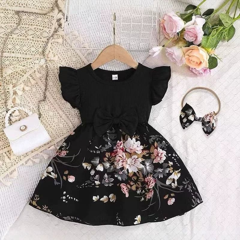 Girls Summer Dress Black Floral Print Baby Short Sleeve Princess Dress with Butterfly Hair Bow