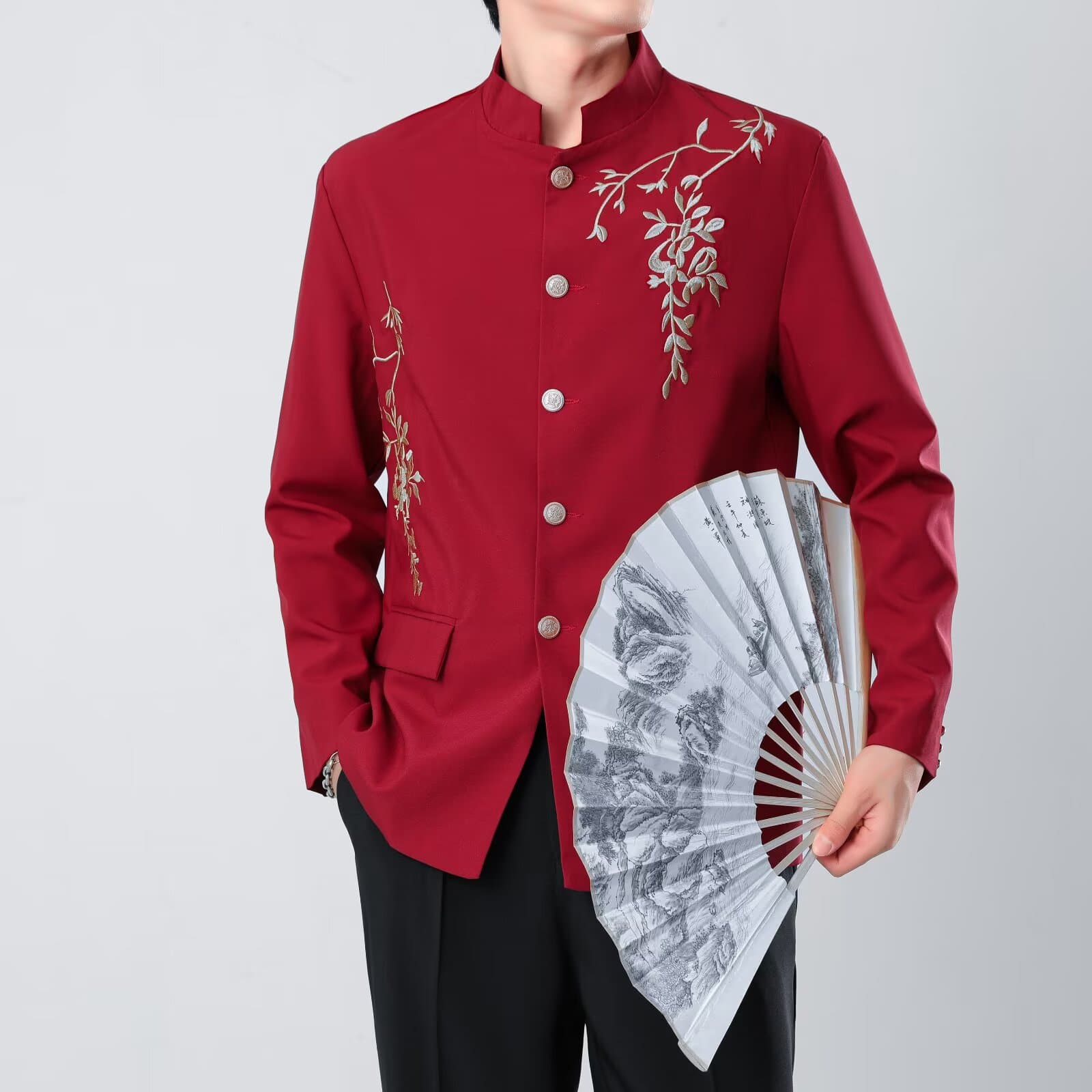 Embroidered New Chinese Style Suit Jacket for Men, Autumn/Winter Red Zhongshan Suit, Wedding Groom Tuxedo