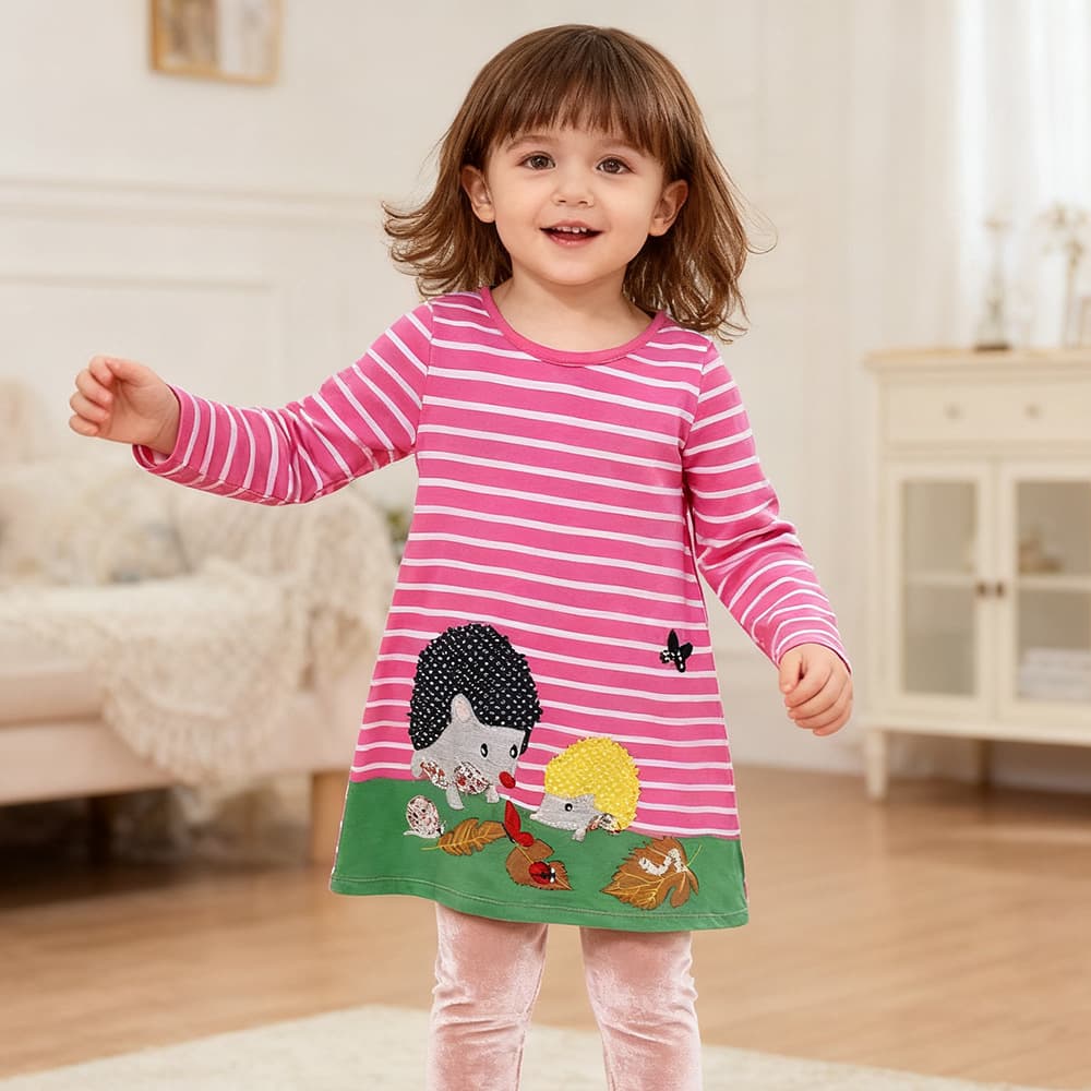 Amazon European and American Girls' Long Sleeve Striped Princess Dress Cartoon Embroidered Girl Dress