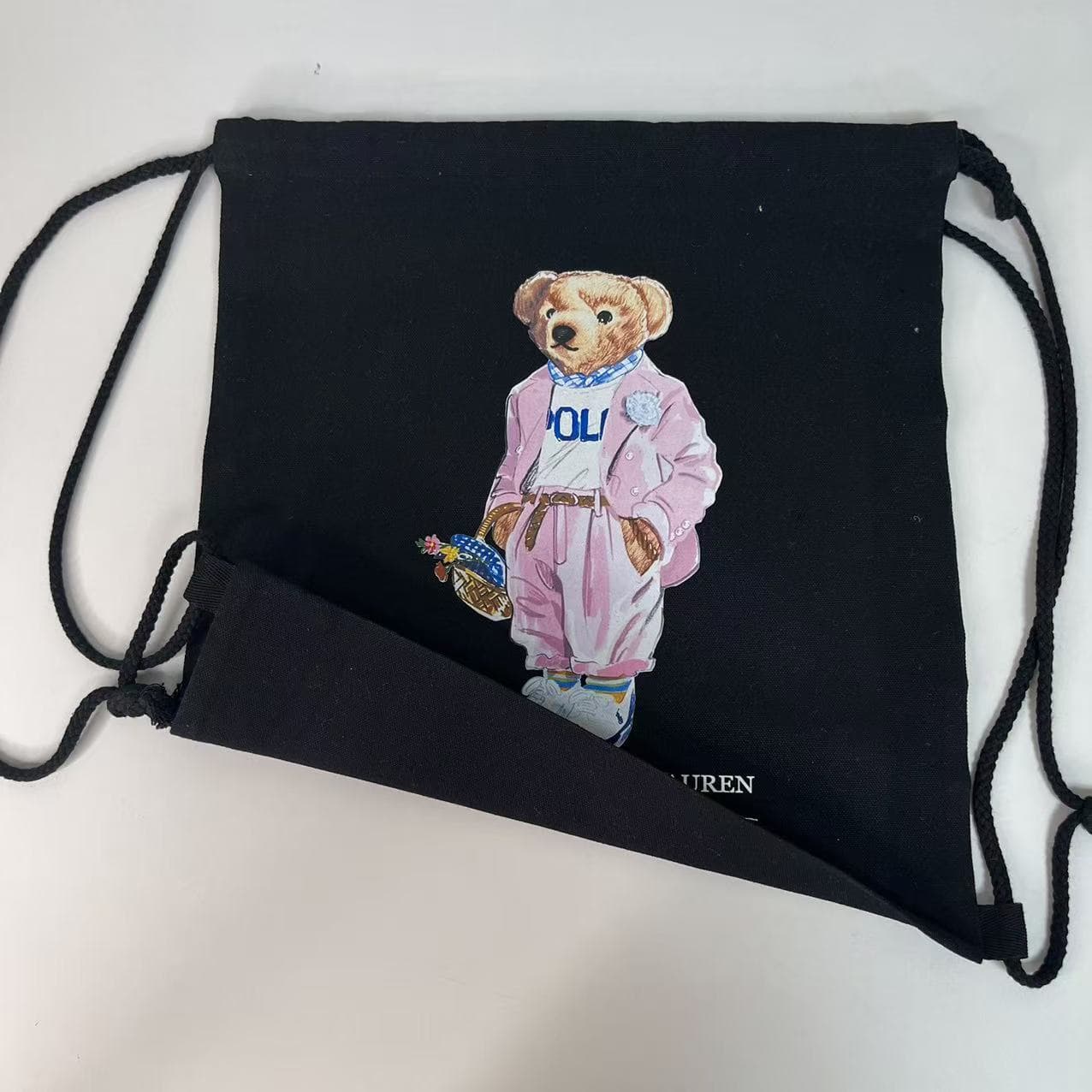 Lotte Japanese and Korean POLO Drawstring Print Bear Canvas Bag Shopping Bag Backpack Shoulder Handbag Tote Bag