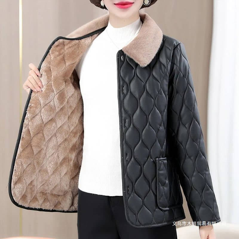 Winter New Style Thickened Fleece-Lined Middle-Aged and Elderly Mom Coat Cotton Padded Jacket Fleece-Lined Leather Women Warm Coat Beige White