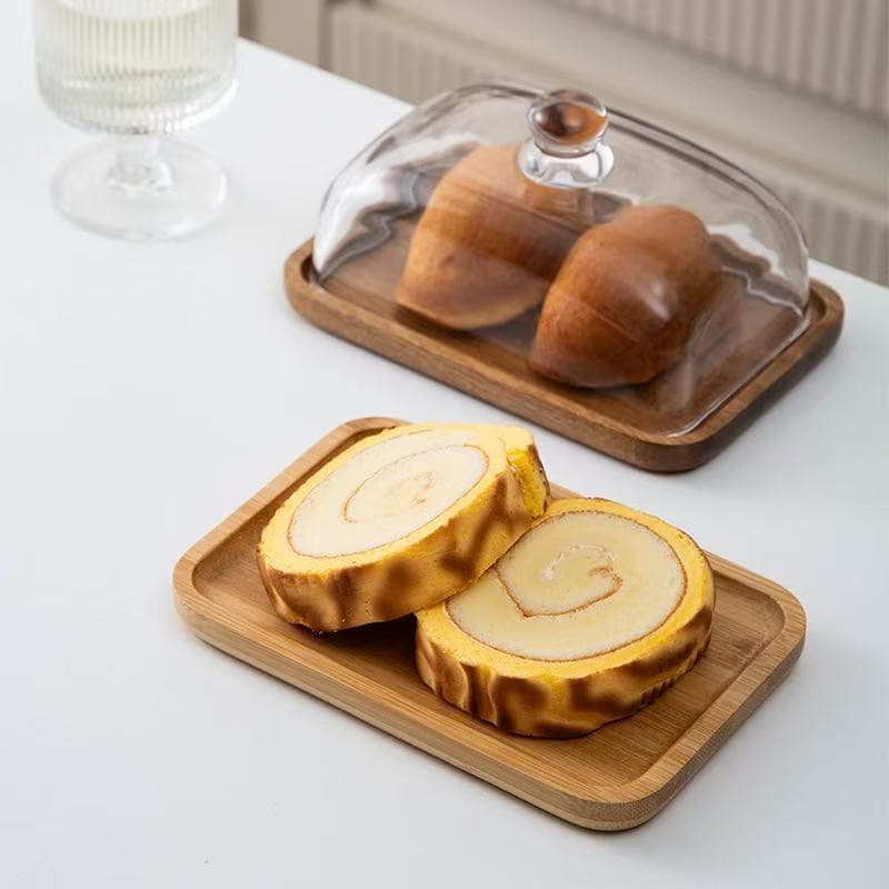 Bamboo Wood Cake Plate Transparent Glass Display Plate Dessert Pastry Western Food Plate Butter Plate Cross-border Trade