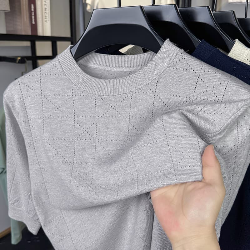 Cross-Border Summer Men's Short-Sleeve Knitwear Thin Round Neck Sweater Solid Color Eyelet Short-Sleeve Knit T-Shirt