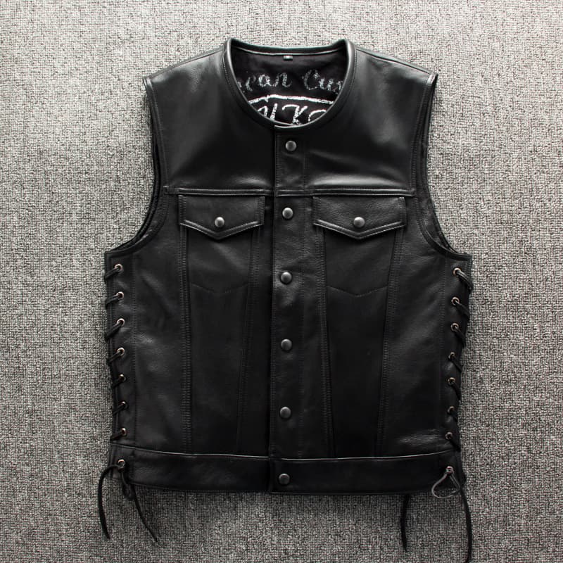 New Arrival Genuine Leather Vest Men Top Layer Cowhide Stand Collar Slim Fit Rock Motorcycle Biker Leather Vest Streetwear