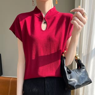 New Chinese Style Stand Collar Knit Top for Women, Vintage Butterfly Sleeve Tencel Top, Designer Niche Style, Elegant