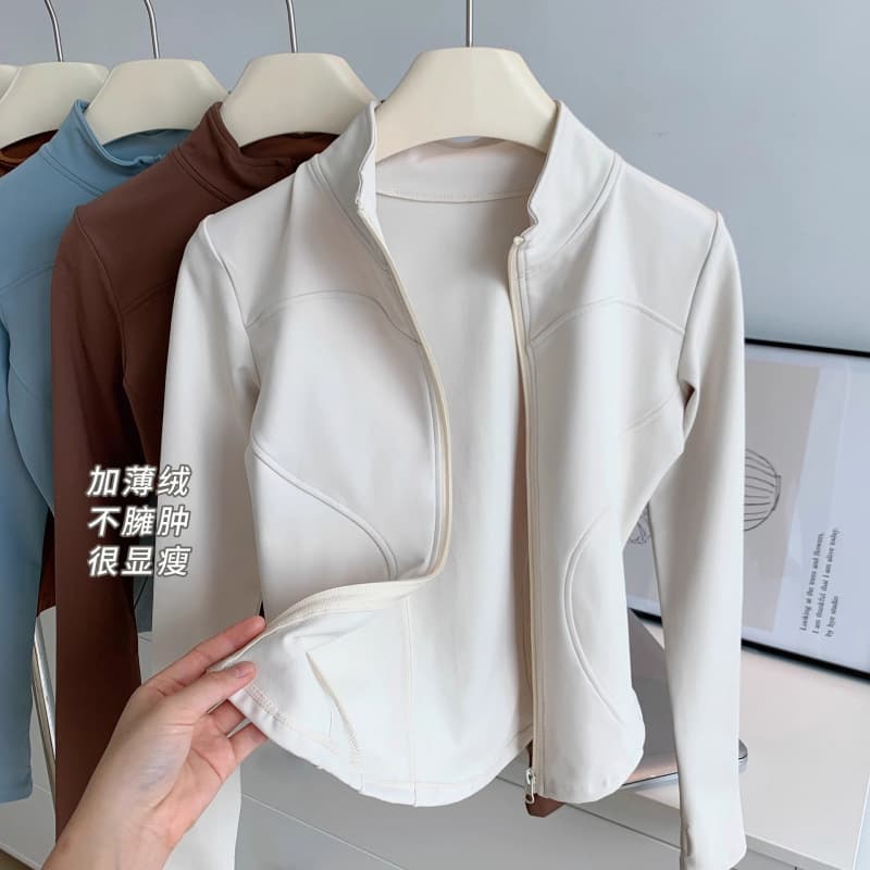 Fashionable Stand Collar Fleece-Lined Short Jacket for Women, Versatile for Layering or Outerwear, Spring Slim Fit Long Sleeve Running Yoga Top