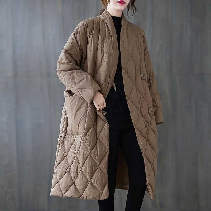 Autumn/Winter Retro Literary Plus Size Loose Stand Collar Solid Color Cotton Coat Mid-Length Large Pocket Lightweight Cotton Jacket Women
