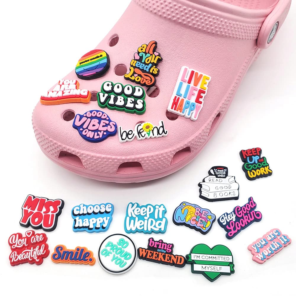 Inspirational phrase series of clogs with floral and buckle decorations, Croc garden shoes, PVC shoe flower accessories
