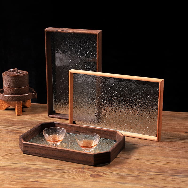 Vintage Chinese Begonia Flower Glass Wooden Tray Tea Set Storage Tray Home Desktop Decoration Restaurant Guesthouse