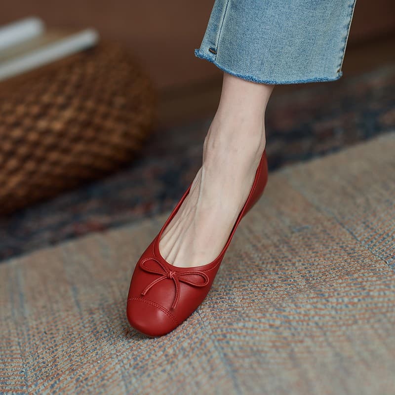 Red Women's Ballet Flats, Soft Leather, Shallow Mouth, Flat Sole, French Style Little Red Shoes, Loafers, Grandma Shoes, Wedding Shoes