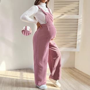 Maternity European and American 2025 Fall Winter Fashion Maternity Pants Elastic Waist Loose Corduroy Overalls