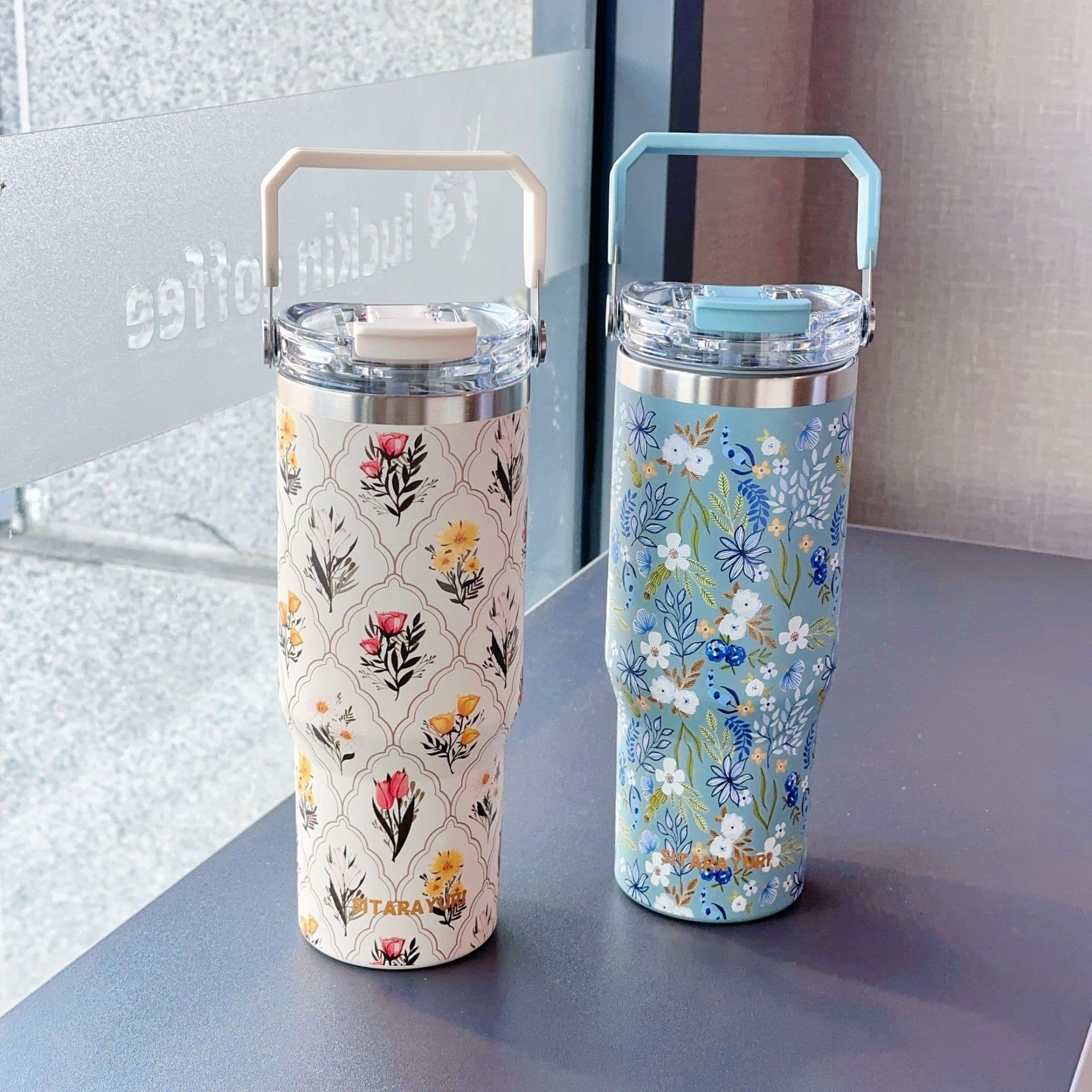 SITARAYURI New 3D Floral Series Ice Tumbler Large Capacity Insulated Cup Cold Retention Hard Handle Dual Drinking Cup