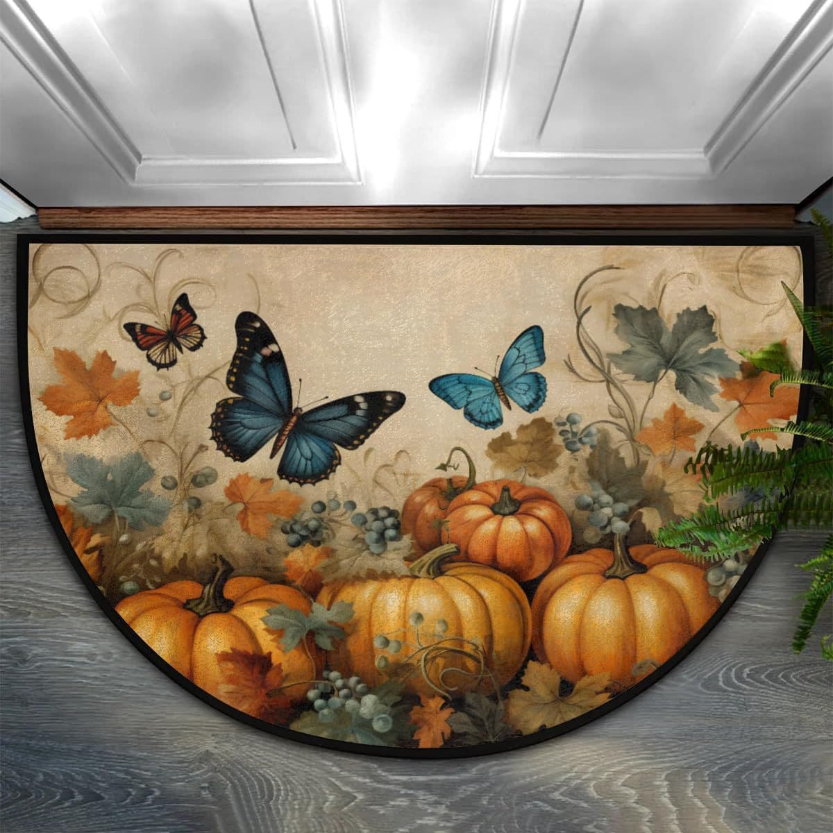 TEMU American Retro Half-Circle Autumn Pumpkin Doormat Entryway Decorative Mat Easy to Clean Welcome Mat