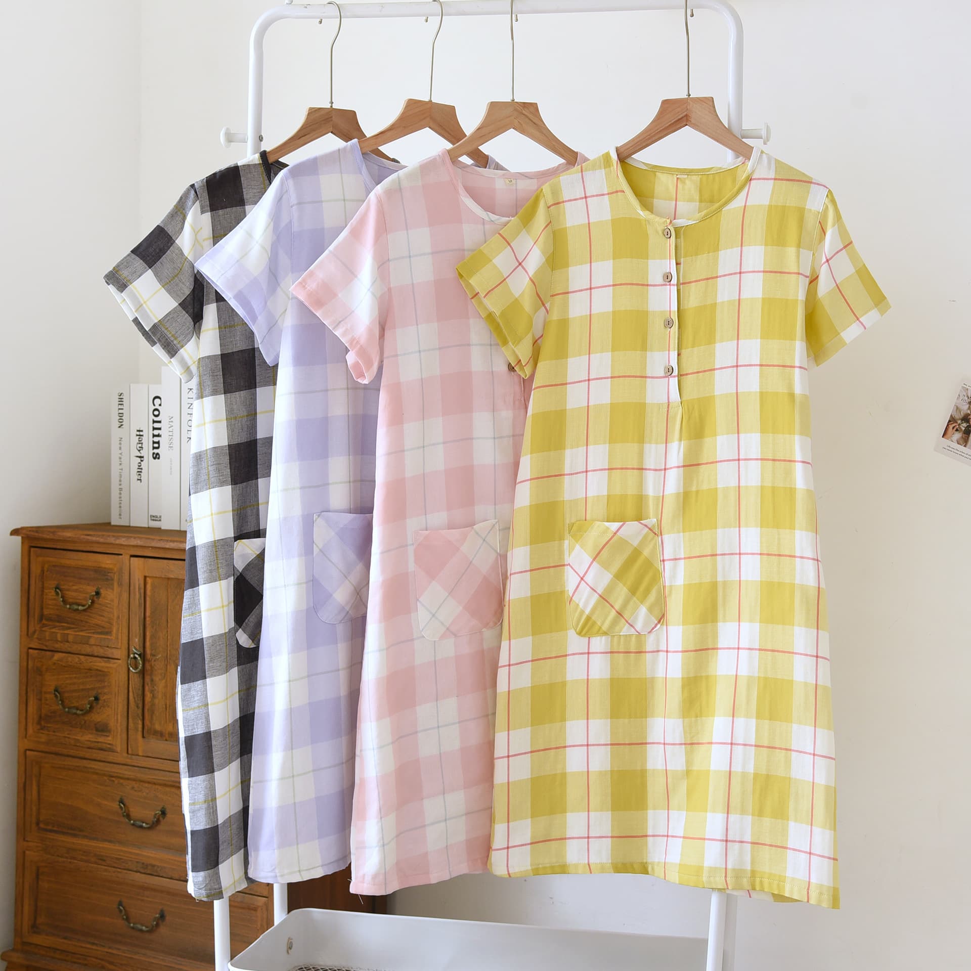 Women's Summer Cotton Short Sleeve Dress, Simple Plus Size Double-Layer Gauze Home Dress, Yarn-Dyed Plaid Gauze Grid Home Sleepwear