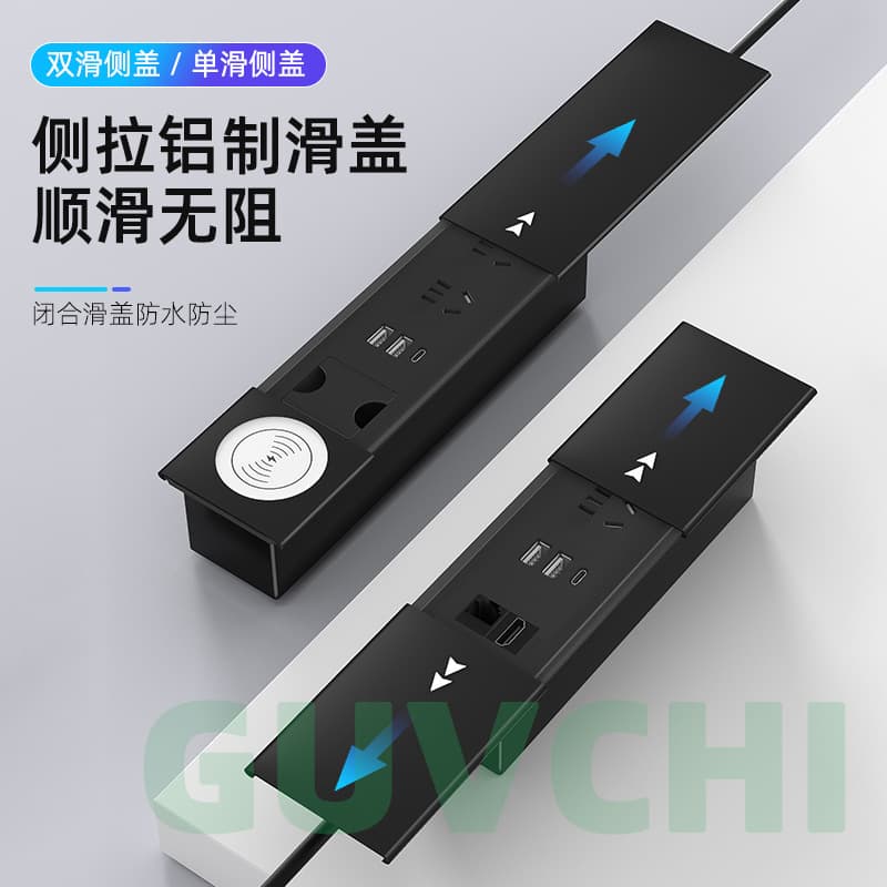Desktop Embedded Power Strip with Sliding Cover for TV Console, Multimedia Side-Slide Socket Outlet, Flush-Mount Tabletop Power Hub