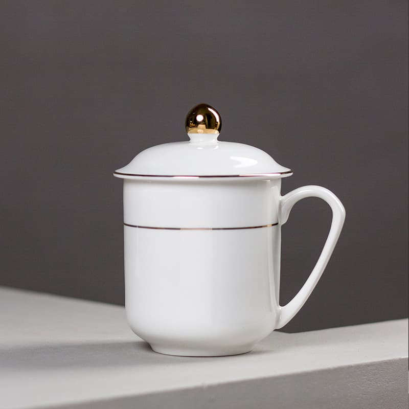 Tangshan ceramic teacup with lid, bone china water cup for office, meeting cup, customizable with logo, high-temperature resistant bone china