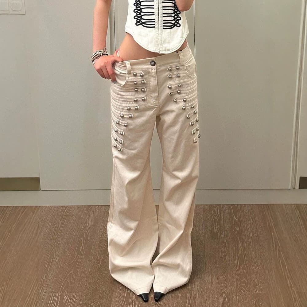 American-style trendy multi-row metal button jeans for women, summer thin style, streetwear niche design, versatile, slimming, floor-length pants