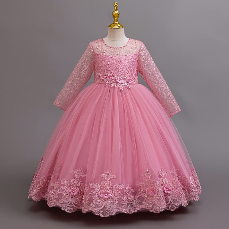 New Arrival In Stock Long Sleeve Lace Kids Dress Princess Gown Flower Girl Birthday Dress