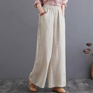 Draping Wide Leg Pants for Women, 2026 Spring/Autumn New High Waist Cotton Linen Long Pants, Casual Loose Straight Leg Floor-Length Pants