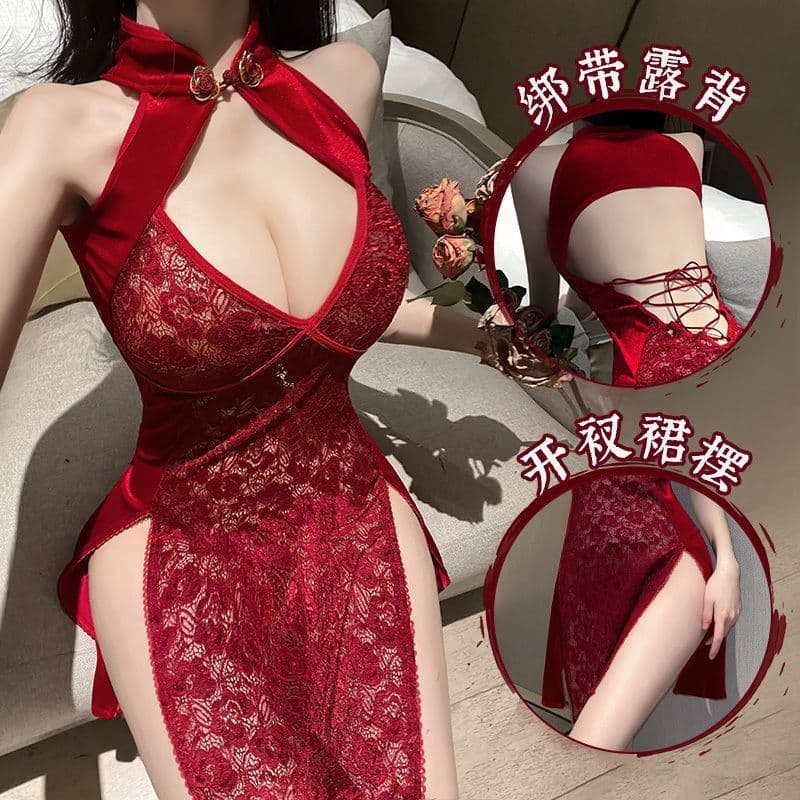 Plus Size 180kg 4XL Sexy Lace Cheongsam Backless Uniform Temptation Bed Passion Sexy
