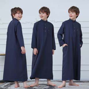 KID0010 New Stand Collar Metal Button Long Thobe for Boys, Summer Lightweight Children's Long T-Shirt for Older Kids