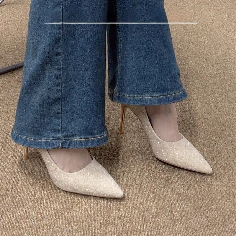 Apricot High Heels for Women, Comfortable for Evening Hosts, Sparkly French Style, New Single Shoes for Dresses and Jeans