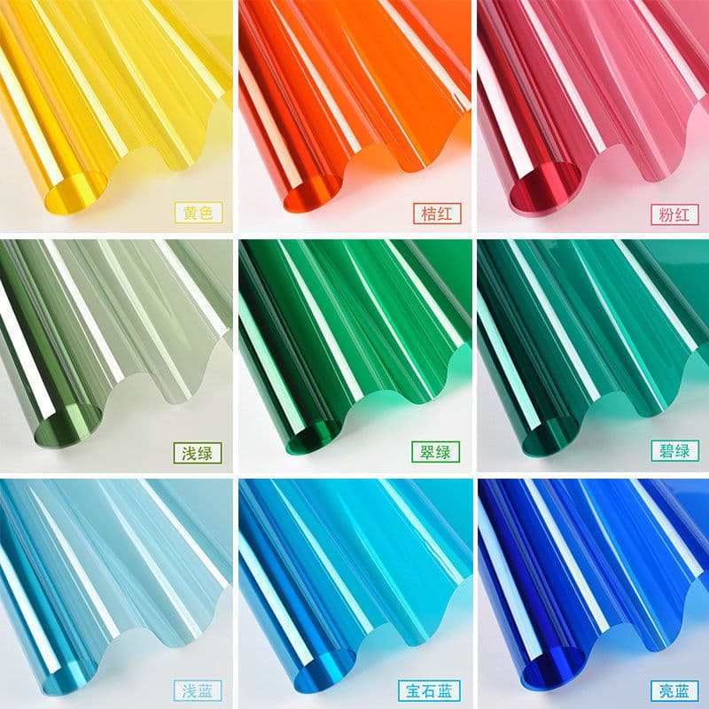 Colored Decorative Film in Red, Yellow, Blue, Green, Purple, Transparent Light Transmission for Wedding Crafts and Rainbow Holographic Window Paper
