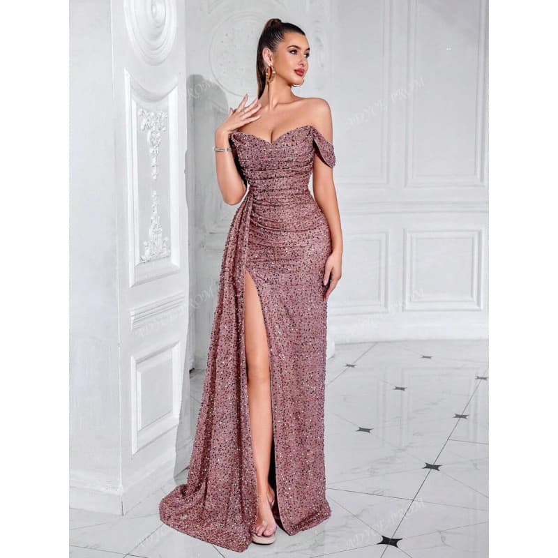 2025 Cross-Border Dropshipping Women Party Wear Off-Shoulder Pleated High Slit Party Long Skirt Suitable for