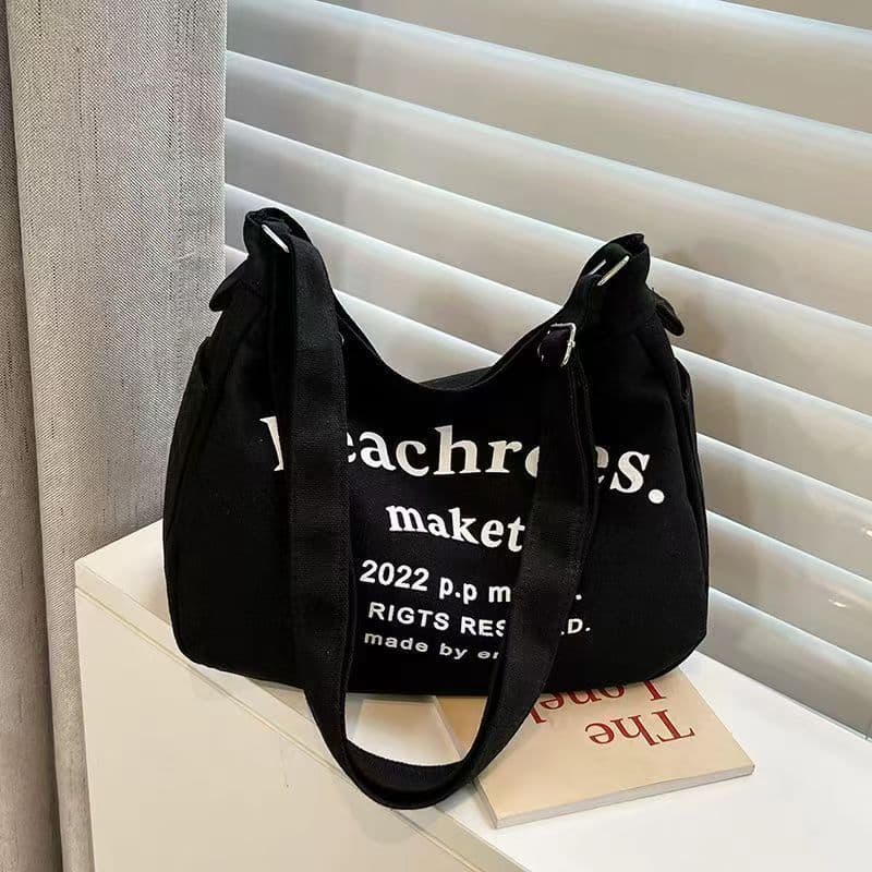 Letter Canvas Bag New Retro Shoulder Large Capacity Tote Bag Junior High School Student Class Crossbody Bag Shopping Bag