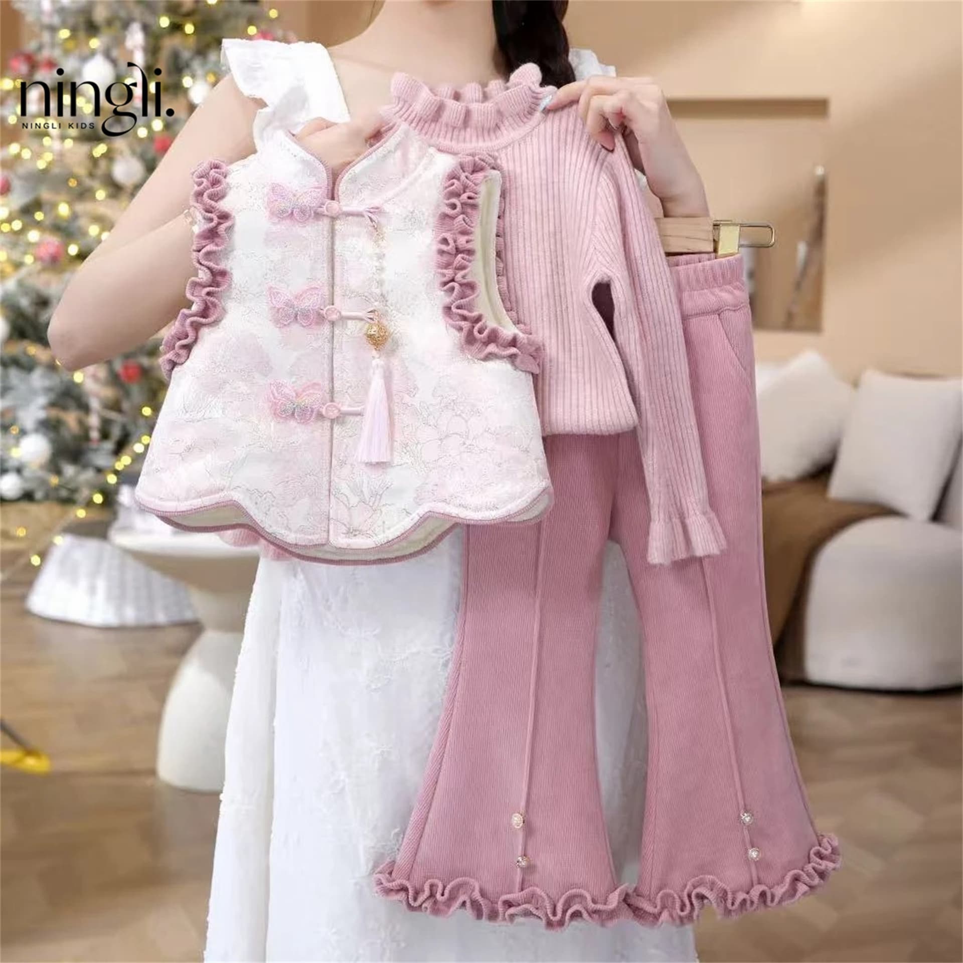 Ningli Girl's Chinese New Year Outfit Winter Thickened Tang Suit for Little Girls Chinese Style Set