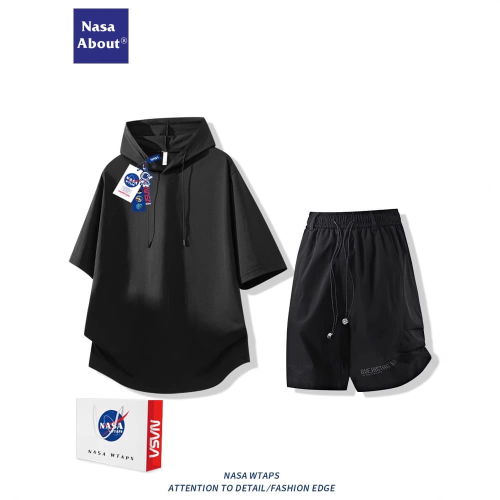 Nasa Hooded Ice Silk Short-Sleeved T-Shirt Suit Men's Summer Thin Versatile Shorts Casual Wear Complete Set