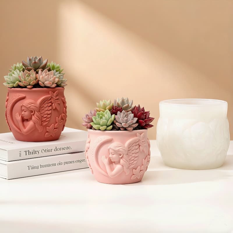 Relief Angel Moon Plaster Candle Cup Silicone Mold DIY Resin Storage Cup Succulent Planter Ornament Mold
