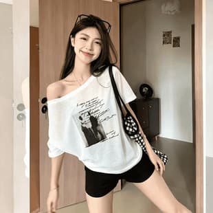 White Short Sleeve One-Shoulder Top Summer Casual Versatile Slant Neck Korean Loose T-Shirt for Women